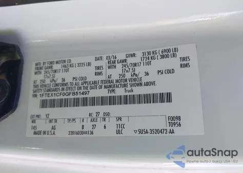 2016 Ford F-150 Xl z USA, uszkodzony, nr VIN 1FTEX1CF0GFB51497